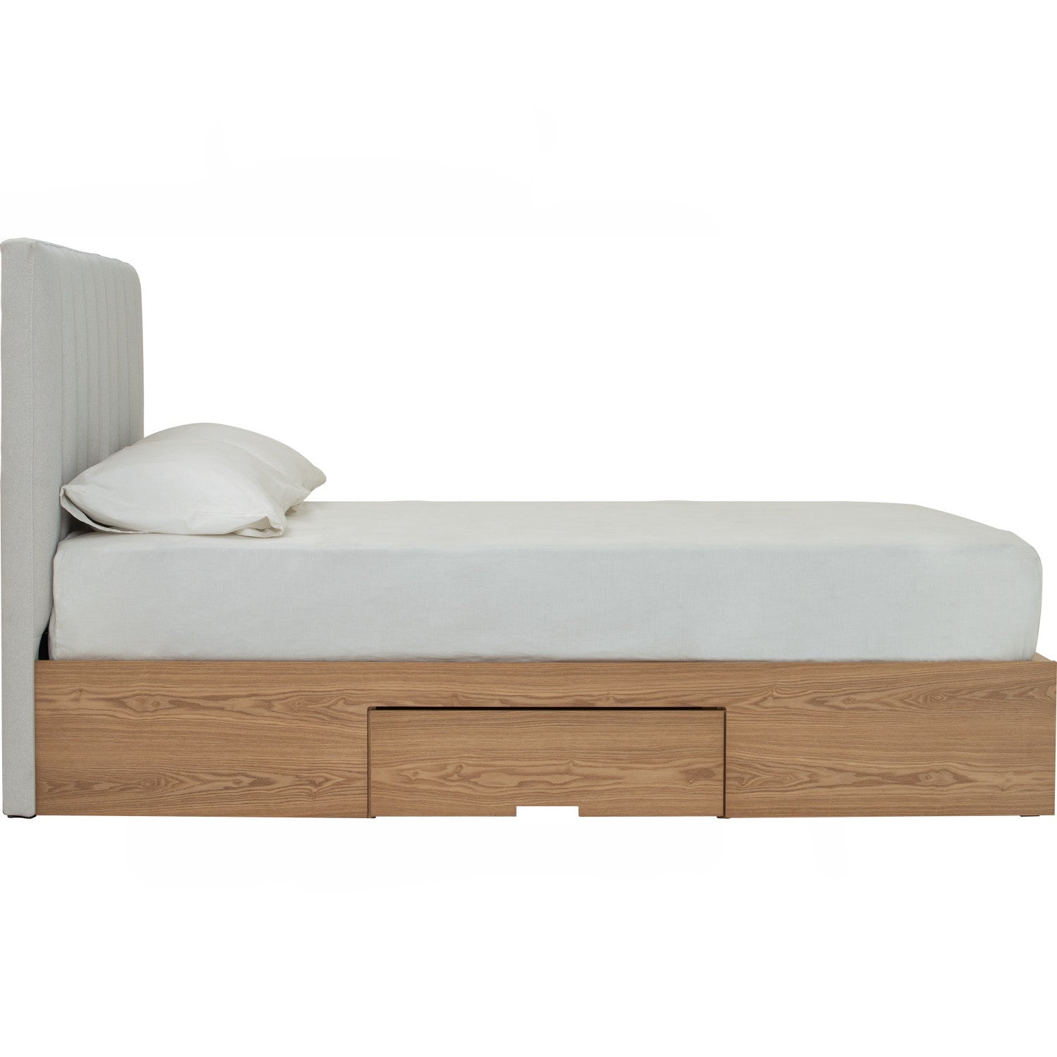 Mola Queen Bed with storage on Natural colour body, Grey Mist colour Mohair fabric (Pet friendly fabric) (Fit mattress: 1530mm x 1930mm).