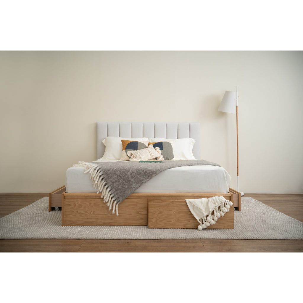 Mola Queen Bed with storage on Natural colour body, Grey Mist colour Mohair fabric (Pet friendly fabric) (Fit mattress: 1530mm x 1930mm).