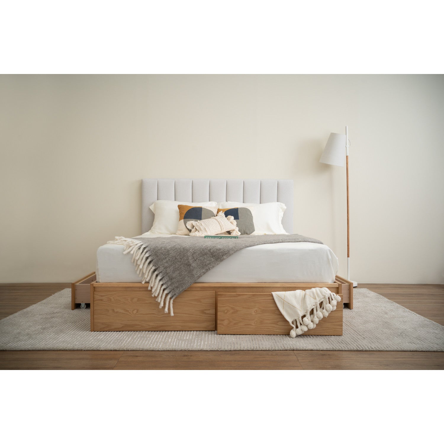 Mola Queen Bed with storage on Natural colour body, Grey Mist colour Mohair fabric (Pet friendly fabric) (Fit mattress: 1530mm x 1930mm).
