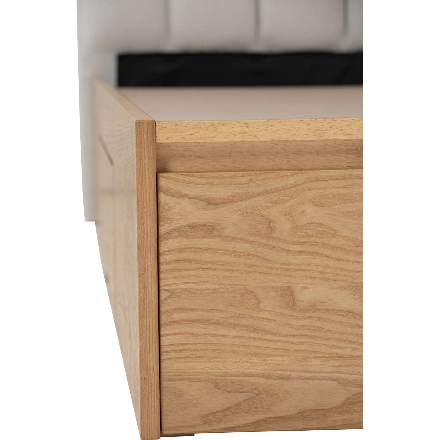 Mola Queen Bed with storage on Natural colour body, Grey Mist colour Mohair fabric (Pet friendly fabric) (Fit mattress: 1530mm x 1930mm).