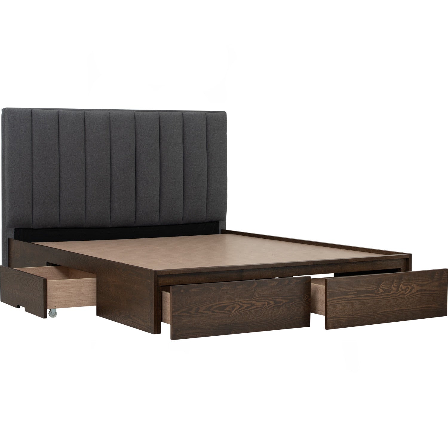 Mola Queen Bed with storage on Cocoa colour body, Dark Grey colour Mohair fabric (Pet friendly fabric) (Fit mattress: 1530mm x 1930mm).
