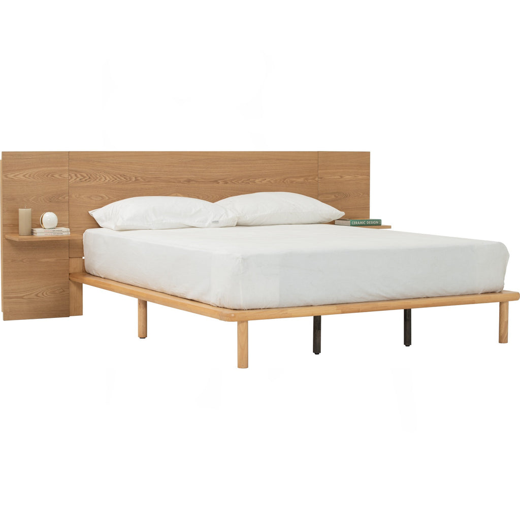 Plato Queen bed with side table in Natural colour (Fit mattress: 1530mm x 1930mm-Bed panel)