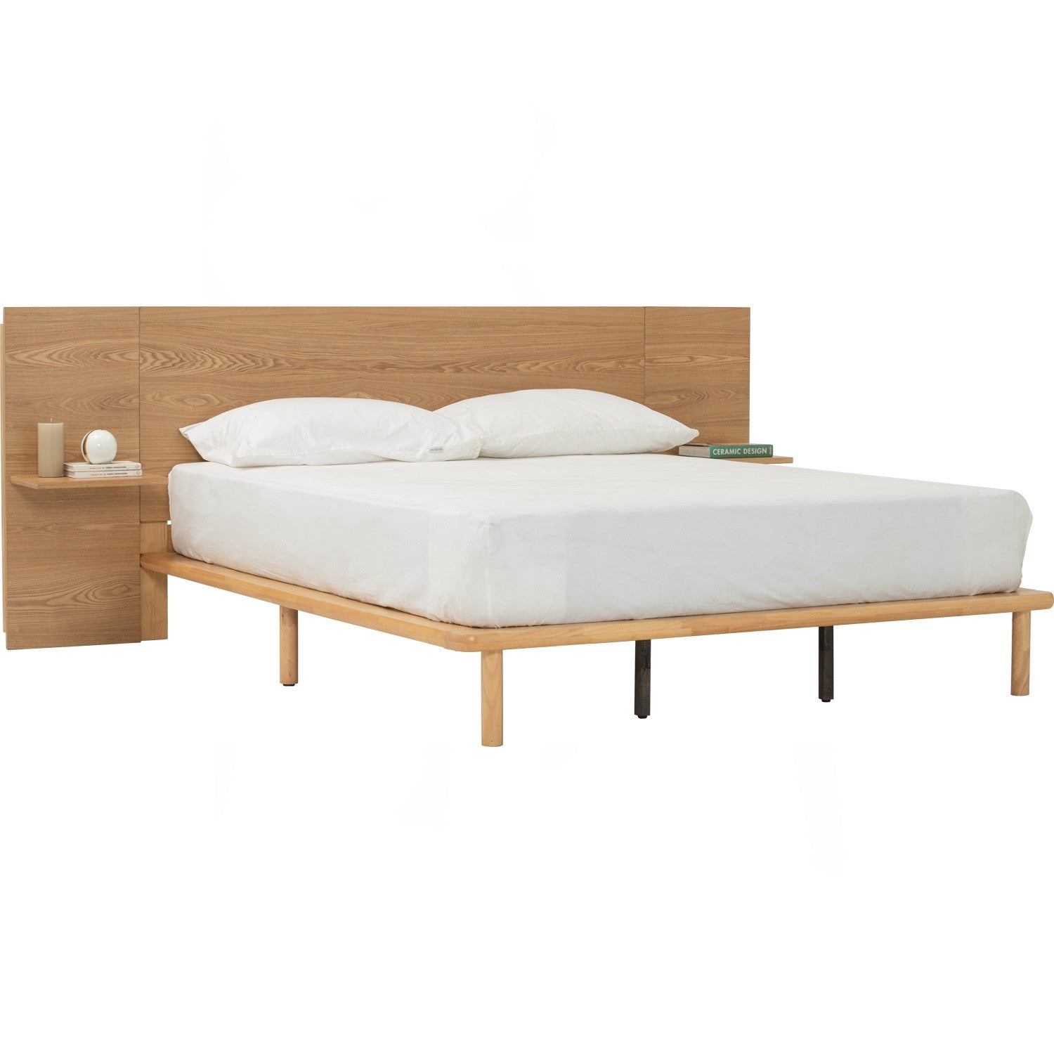 Plato Queen bed with side table in Natural colour (Fit mattress: 1530mm x 1930mm-Bed panel)