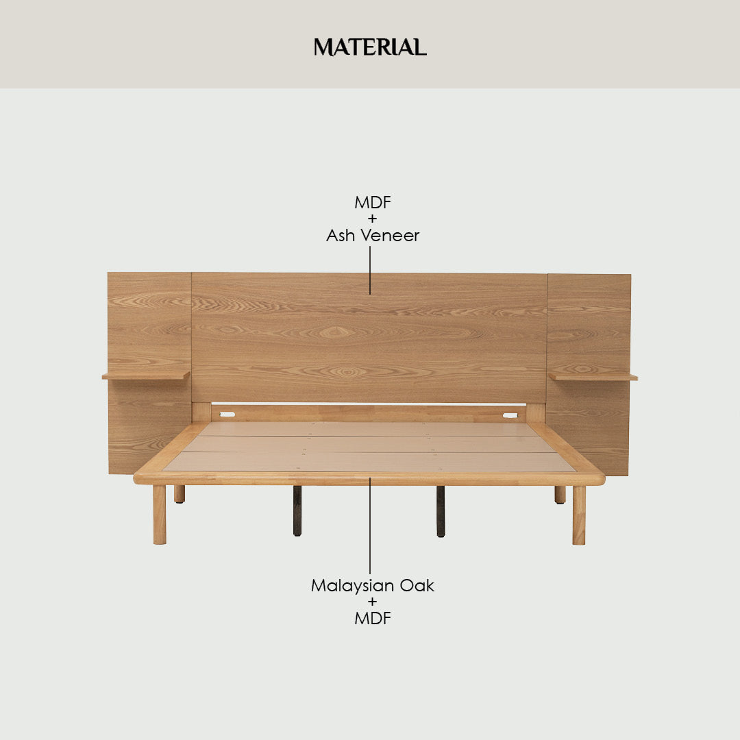 Plato Queen bed with side table in Natural colour (Fit mattress: 1530mm x 1930mm-Bed panel)