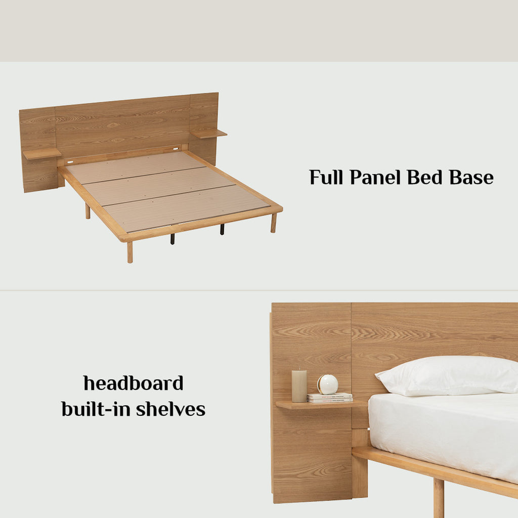 Plato Queen bed with side table in Natural colour (Fit mattress: 1530mm x 1930mm-Bed panel)