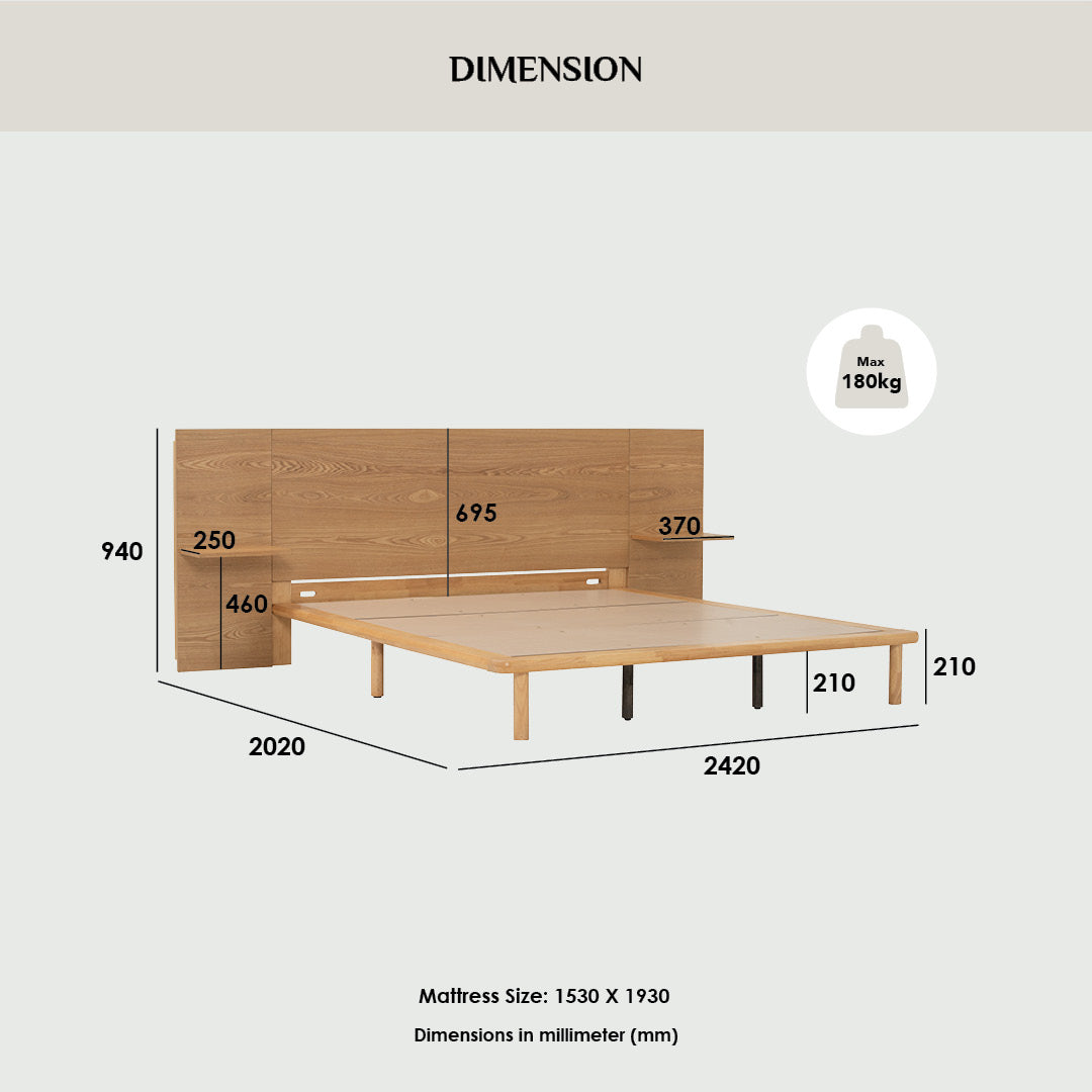 Plato Queen bed with side table in Natural colour (Fit mattress: 1530mm x 1930mm-Bed panel)