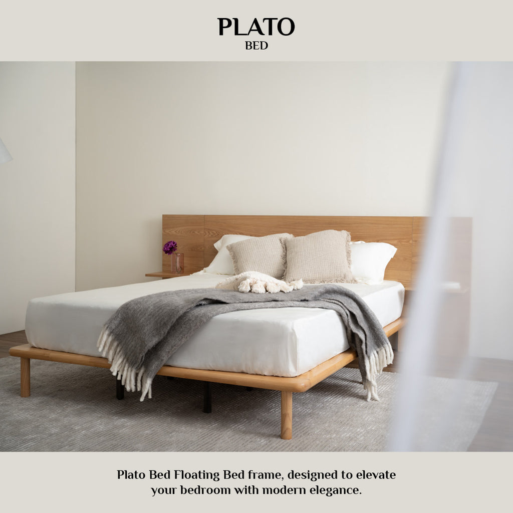Plato Queen bed with side table in Natural colour (Fit mattress: 1530mm x 1930mm-Bed panel)