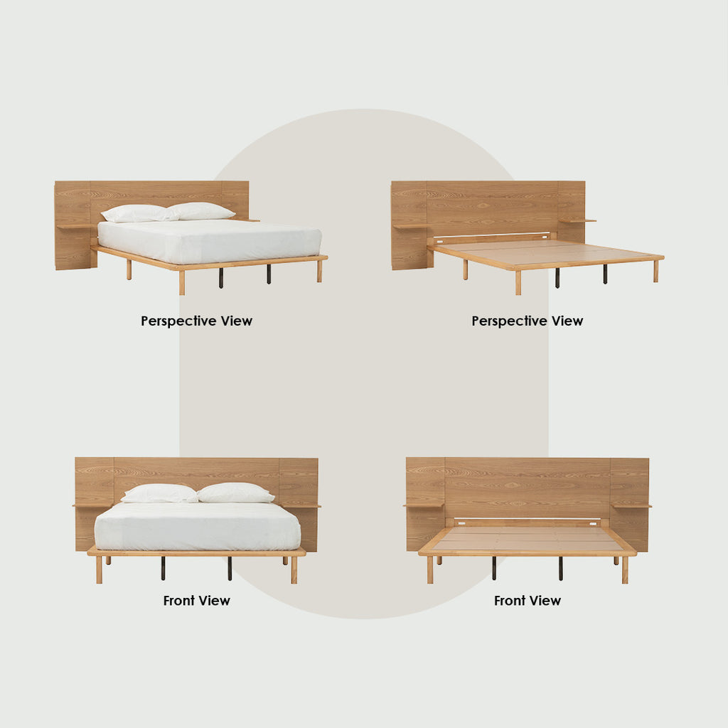 Plato Queen bed with side table in Natural colour (Fit mattress: 1530mm x 1930mm-Bed panel)