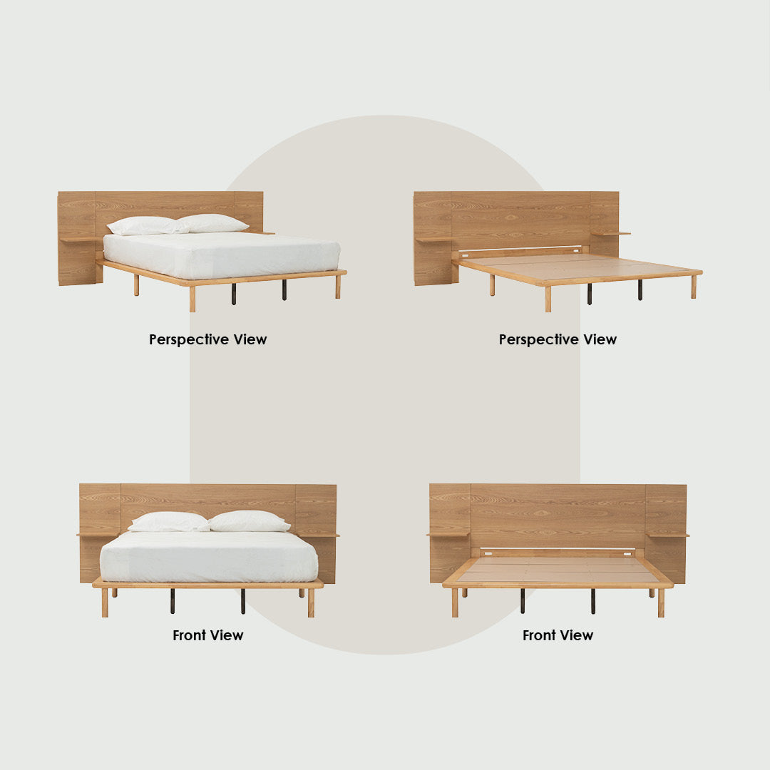 Plato Queen bed with side table in Natural colour (Fit mattress: 1530mm x 1930mm-Bed panel)