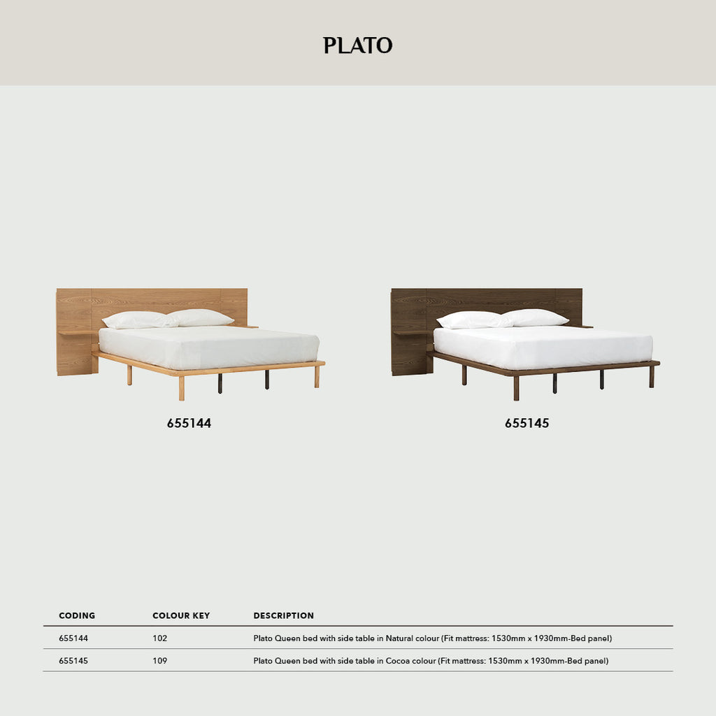 Plato Queen bed with side table in Natural colour (Fit mattress: 1530mm x 1930mm-Bed panel)