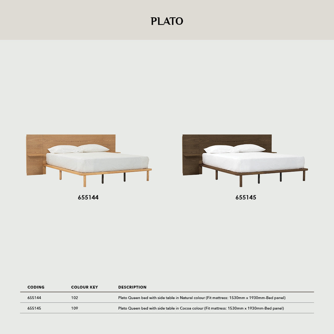 Plato Queen bed with side table in Natural colour (Fit mattress: 1530mm x 1930mm-Bed panel)