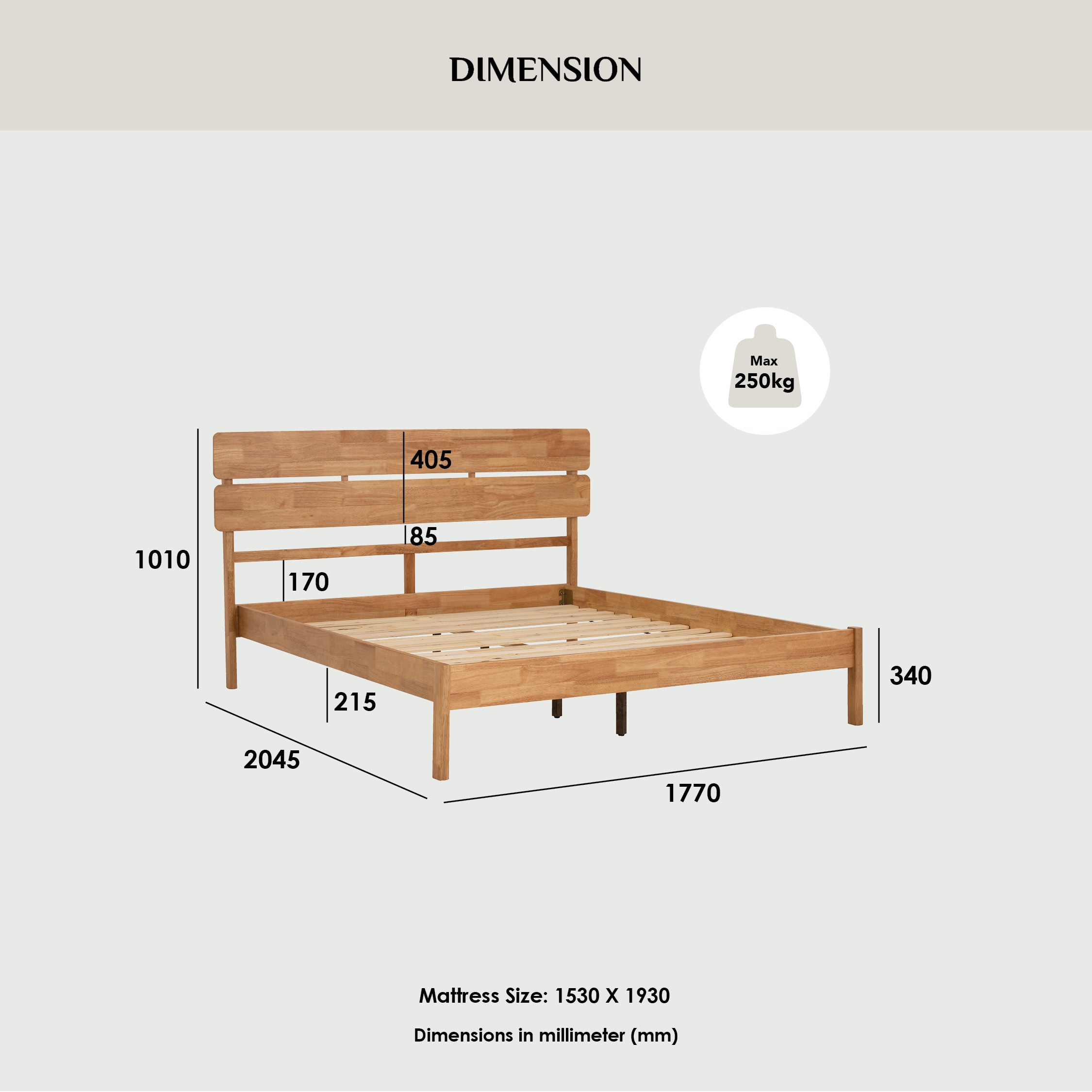 Seattle Queen bed in Natural colour (Fit mattress: 1530mm x 1930mm).
