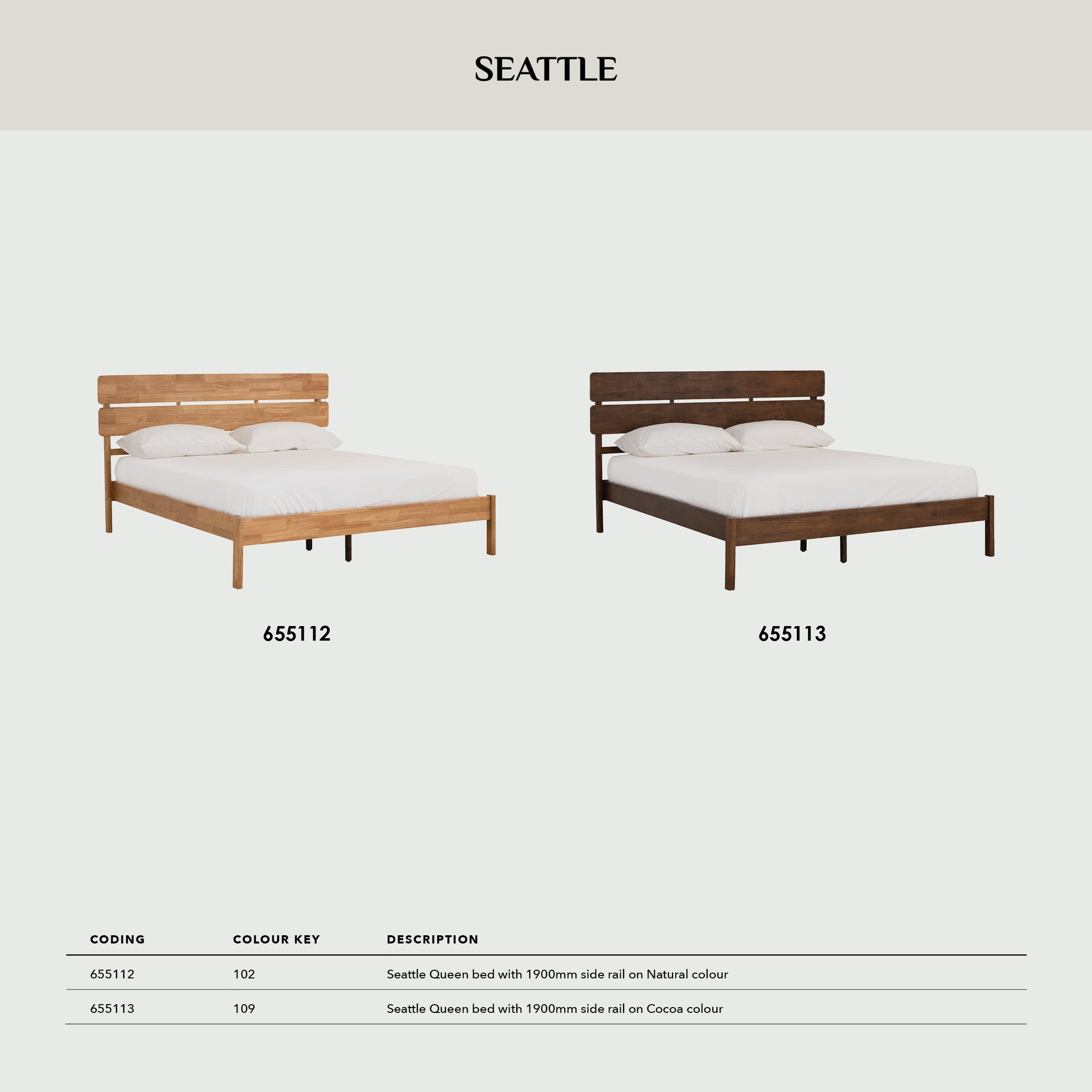 Seattle Queen bed in Natural colour (Fit mattress: 1530mm x 1930mm).