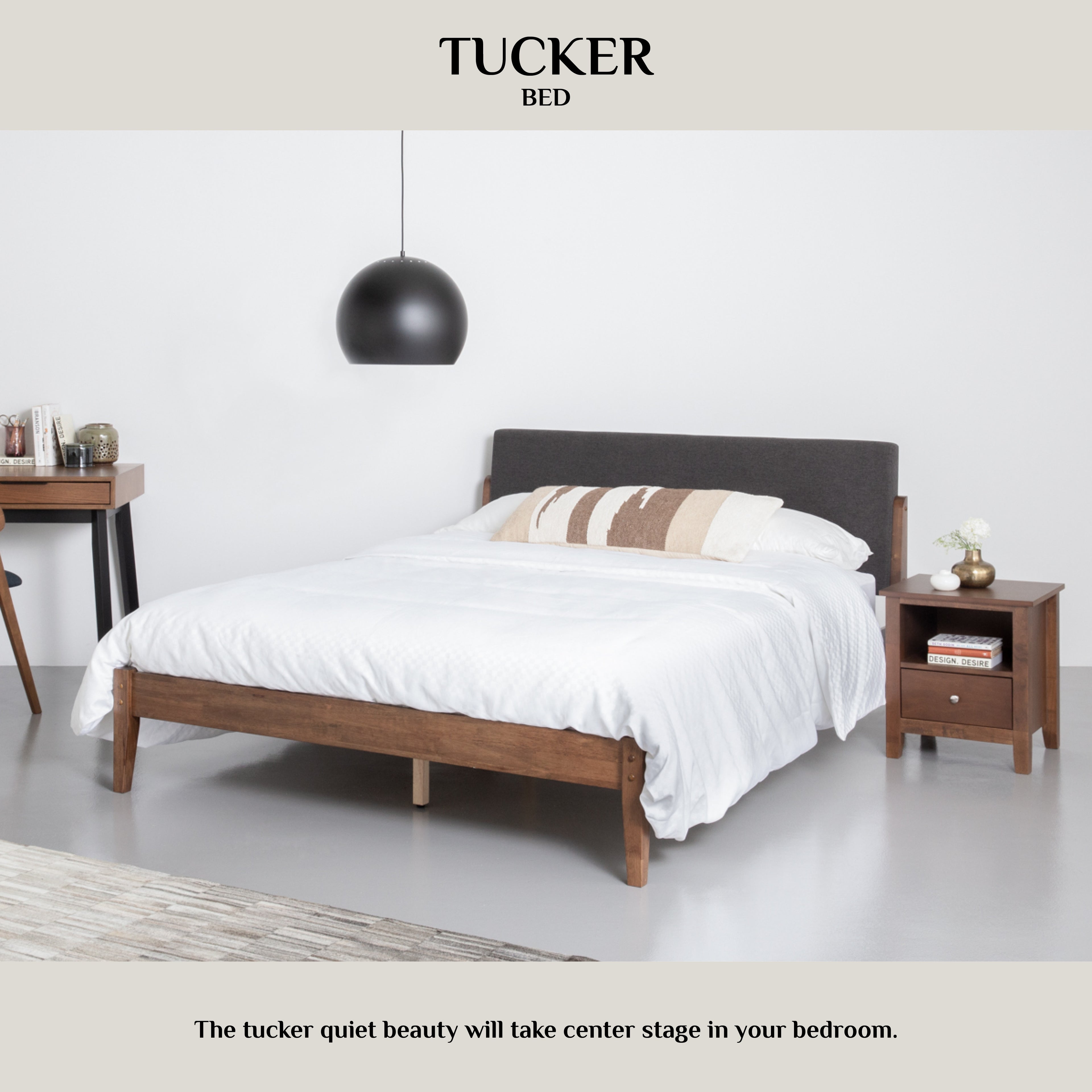 Tucker King Bed on Cocoa colour leg, Seal colour Dimity fabric (Fit mattress: 1820mm x 1910mm).