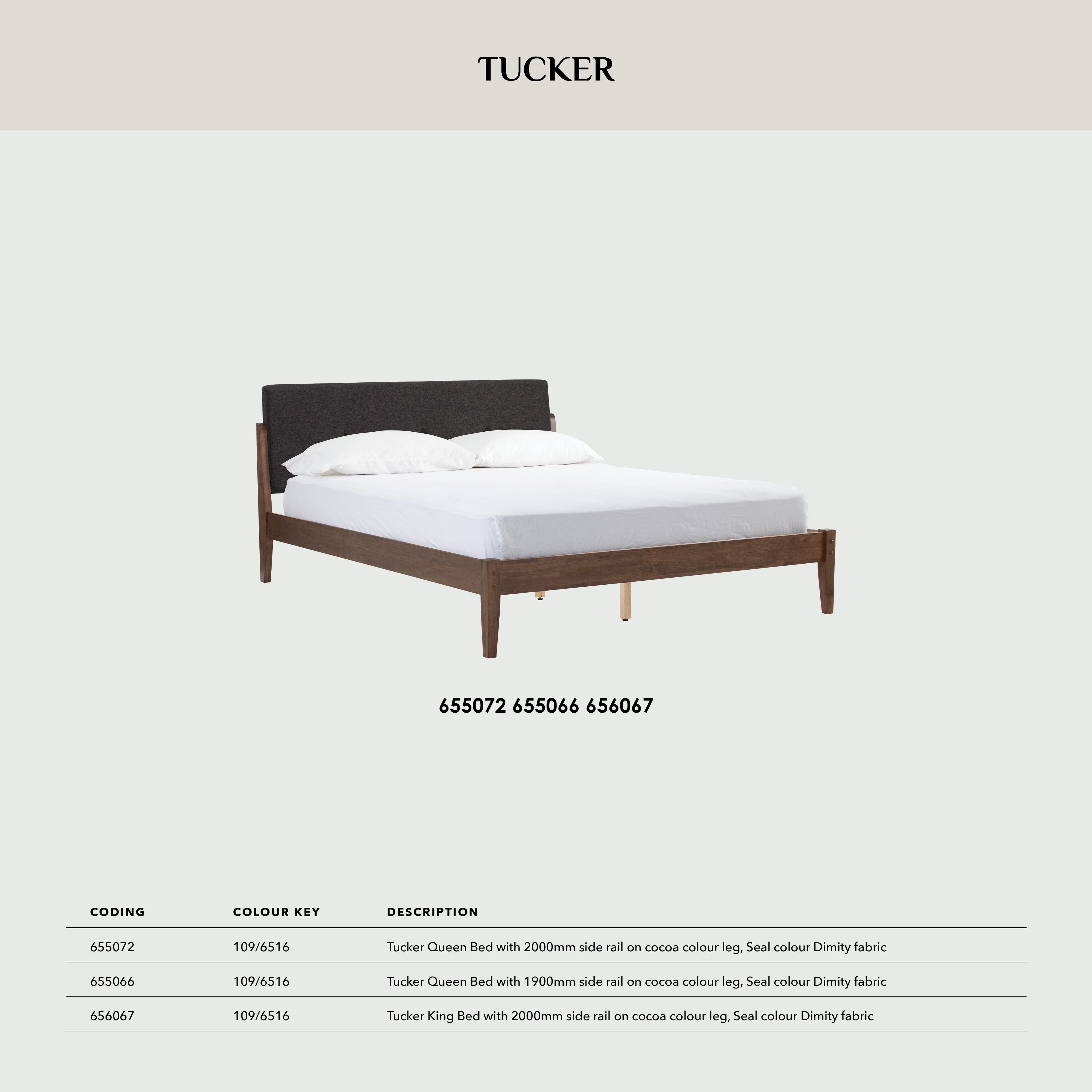 Tucker King Bed on Cocoa colour leg, Seal colour Dimity fabric (Fit mattress: 1820mm x 1910mm).