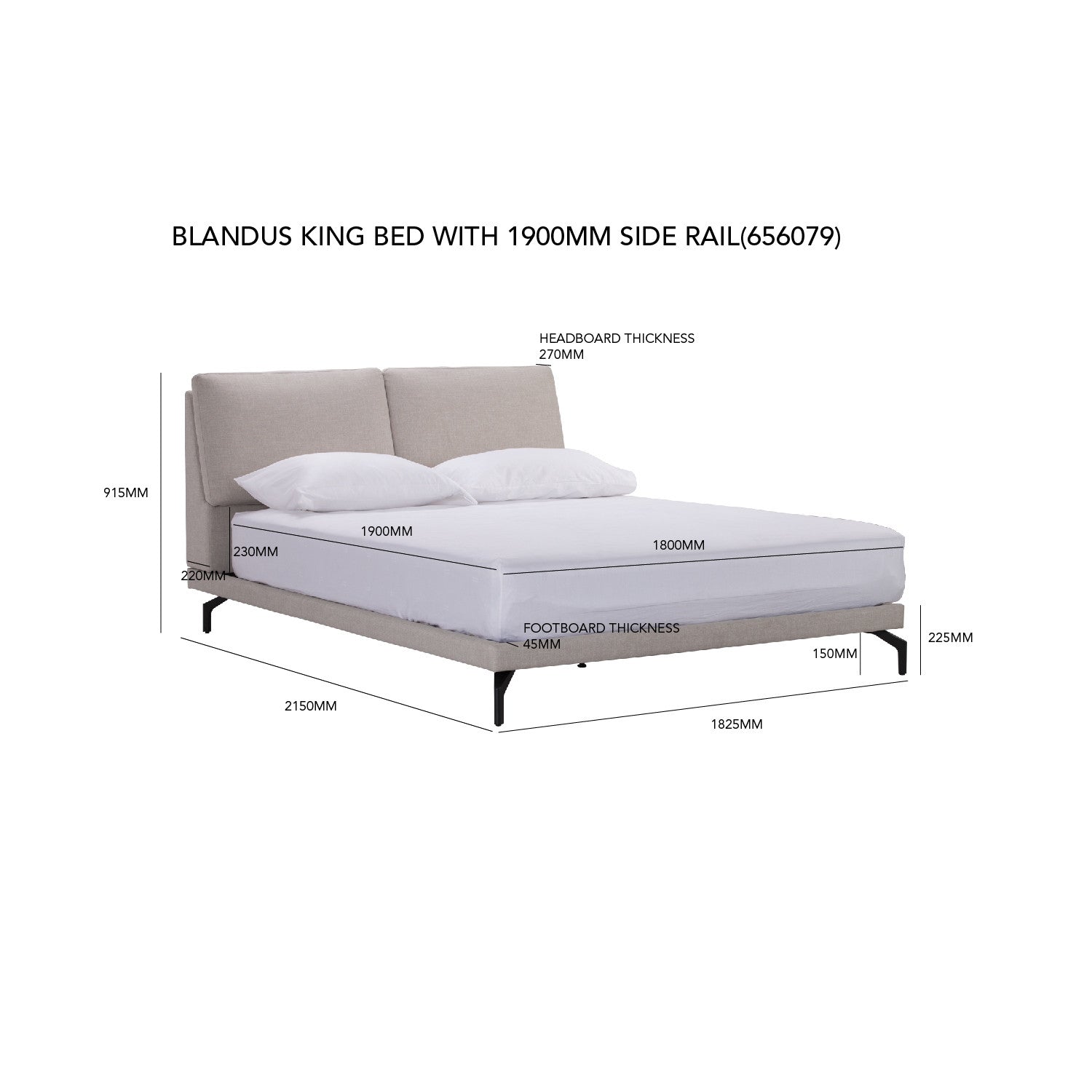 Blandus King Bed with Matt Black Epoxy colour leg, Oat White colour Gulix fabric frame (Fit mattress : 1820mm x 1910mm)