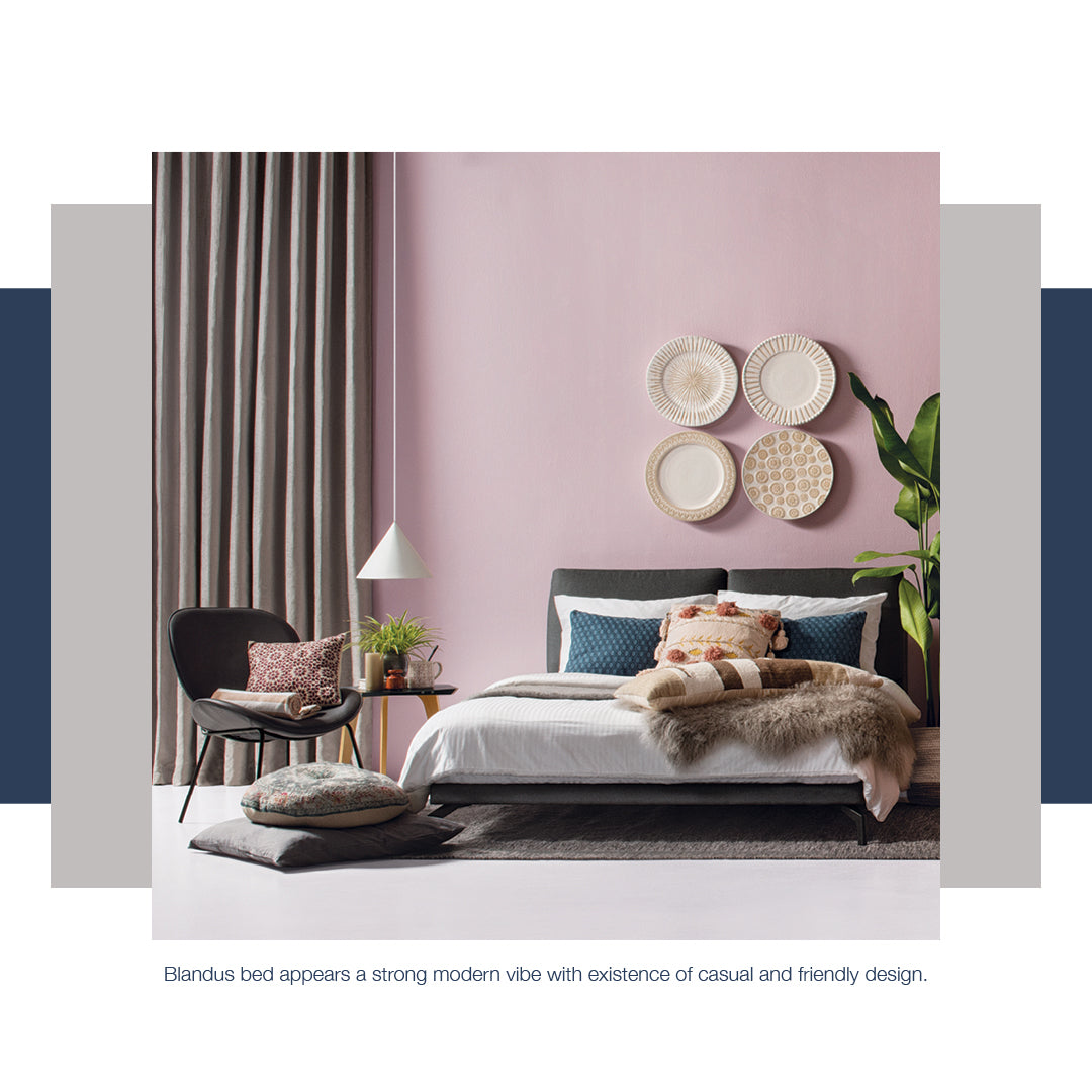 Blandus King Bed with Matt Black Epoxy colour leg, Oat White colour Gulix fabric frame (Fit mattress : 1820mm x 1910mm)