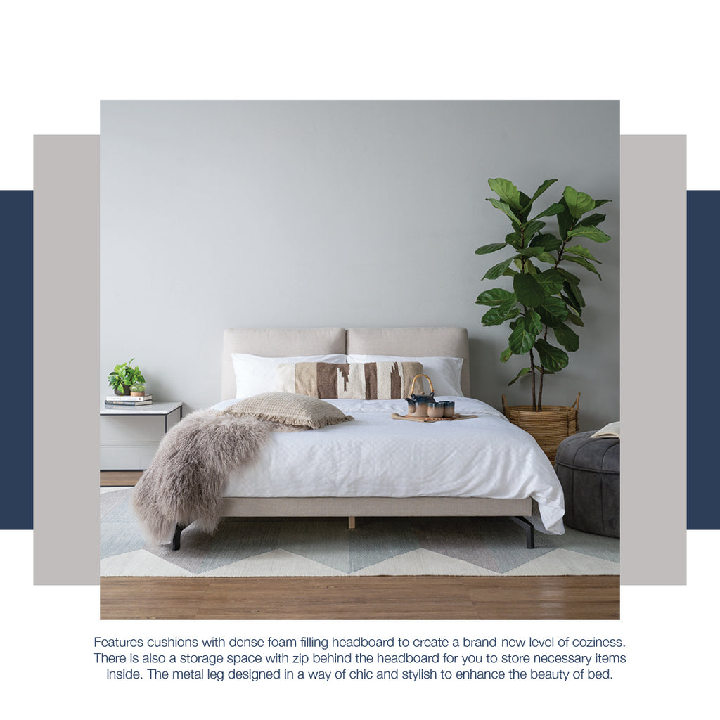 Blandus King Bed with Matt Black Epoxy colour leg, Oat White colour Gulix fabric frame (Fit mattress : 1820mm x 1910mm)