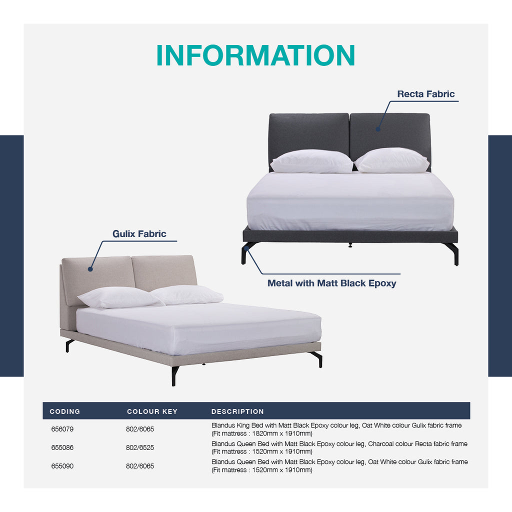 Blandus King Bed with Matt Black Epoxy colour leg, Oat White colour Gulix fabric frame (Fit mattress : 1820mm x 1910mm)