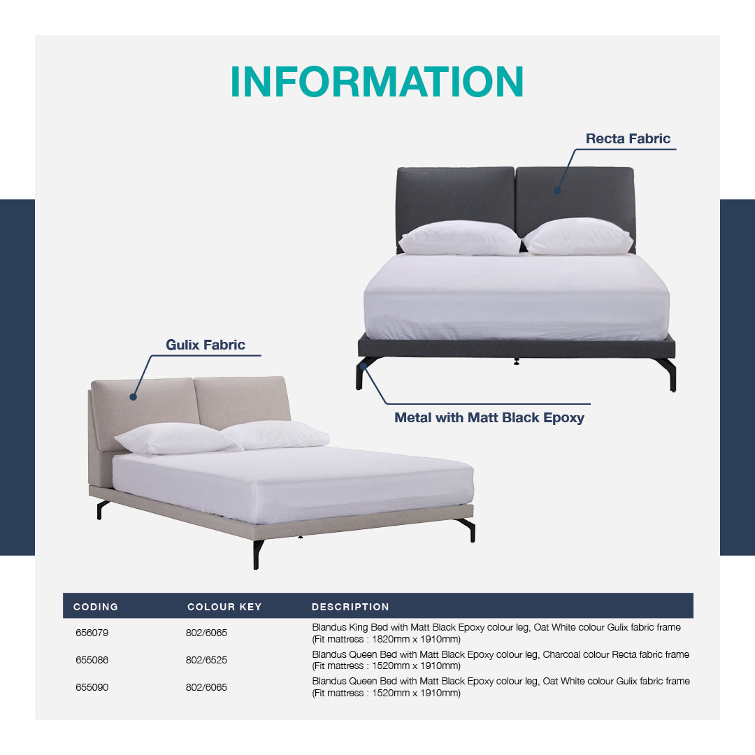 Blandus King Bed with Matt Black Epoxy colour leg, Oat White colour Gulix fabric frame (Fit mattress : 1820mm x 1910mm)