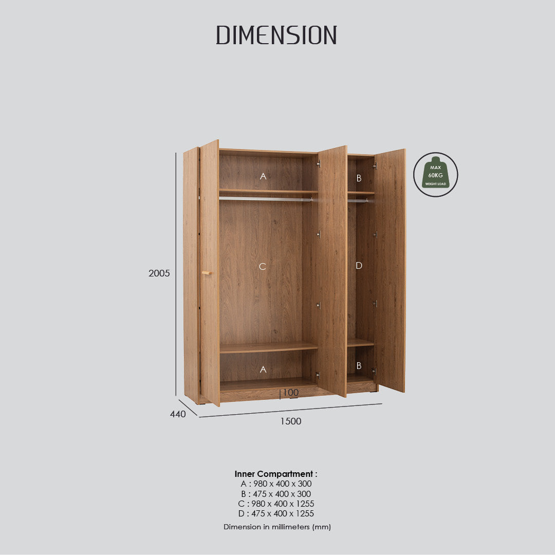 Samos 3 door wardrobe in Oak colou
