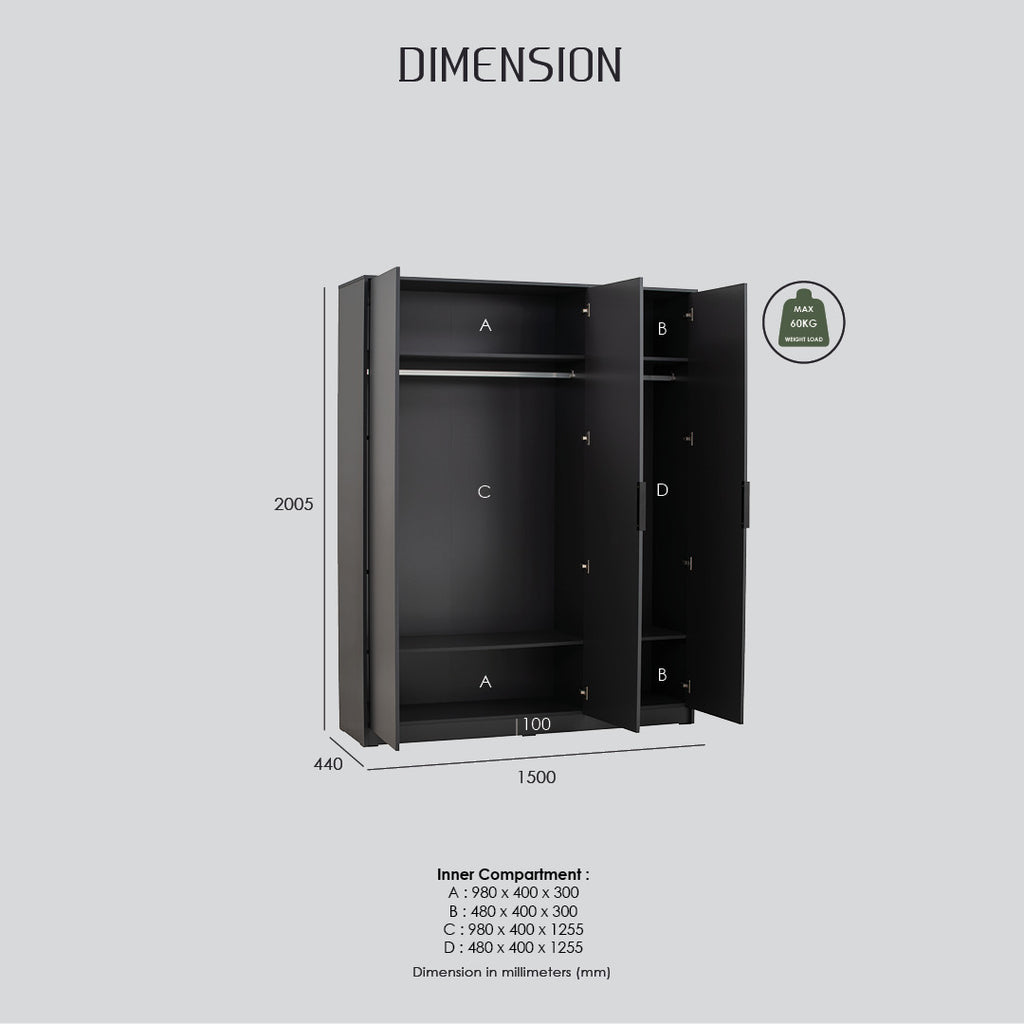 Volos 3 door wardrobe in Black colour