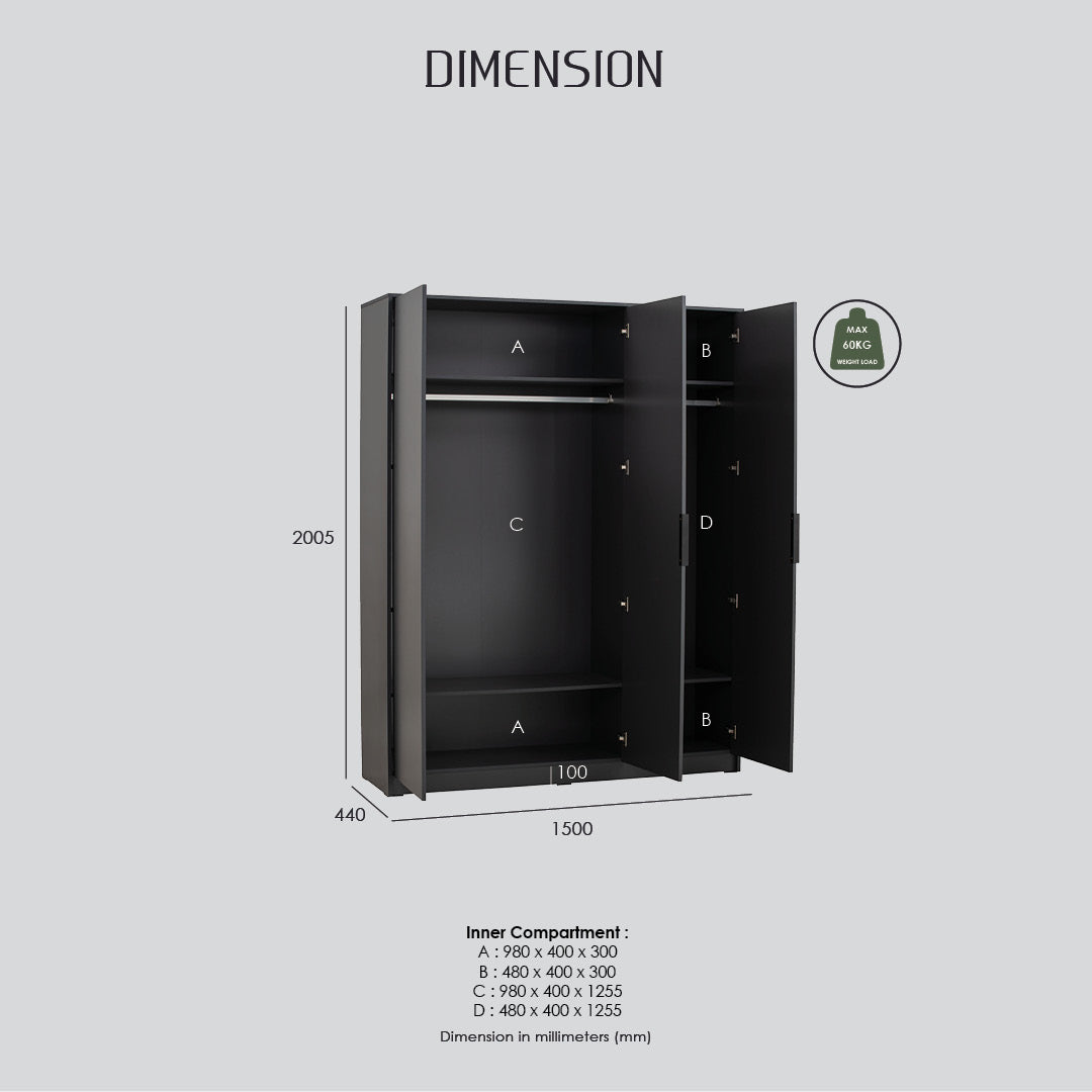 Volos 3 door wardrobe in Black colour