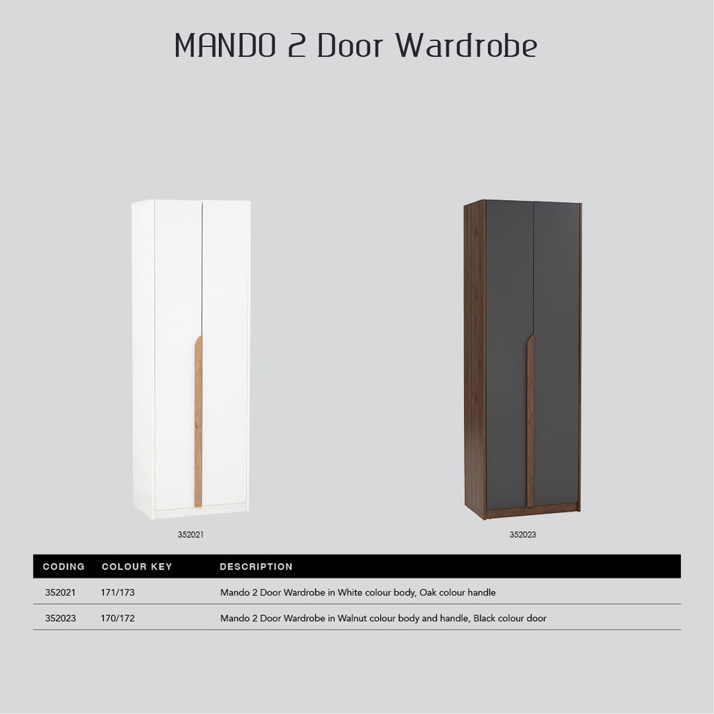 Mando 2 door wardrobe in White colour body, Oak colour handle (MB Paper)