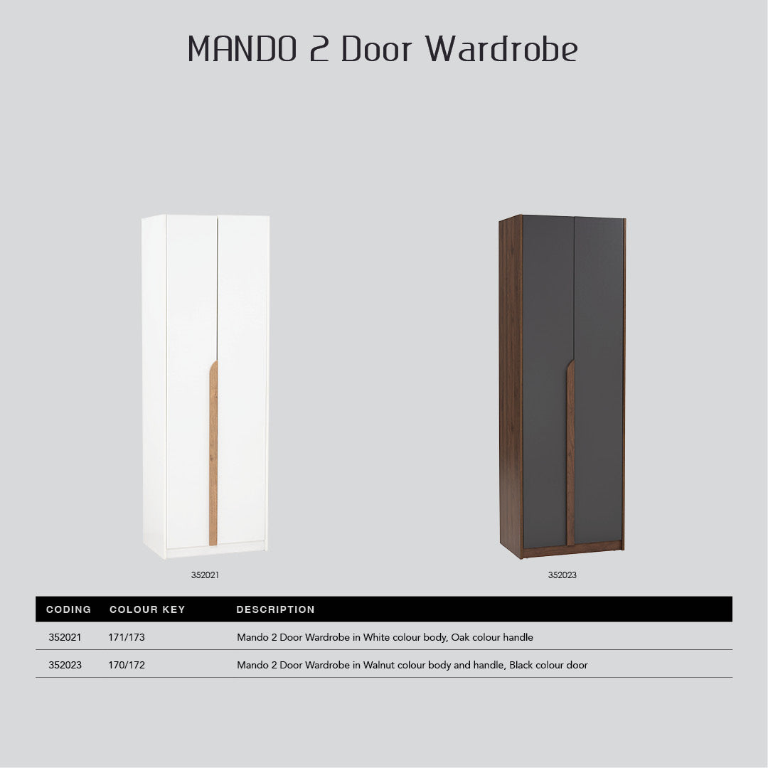 Mando 2 door wardrobe in White colour body, Oak colour handle (MB Paper)