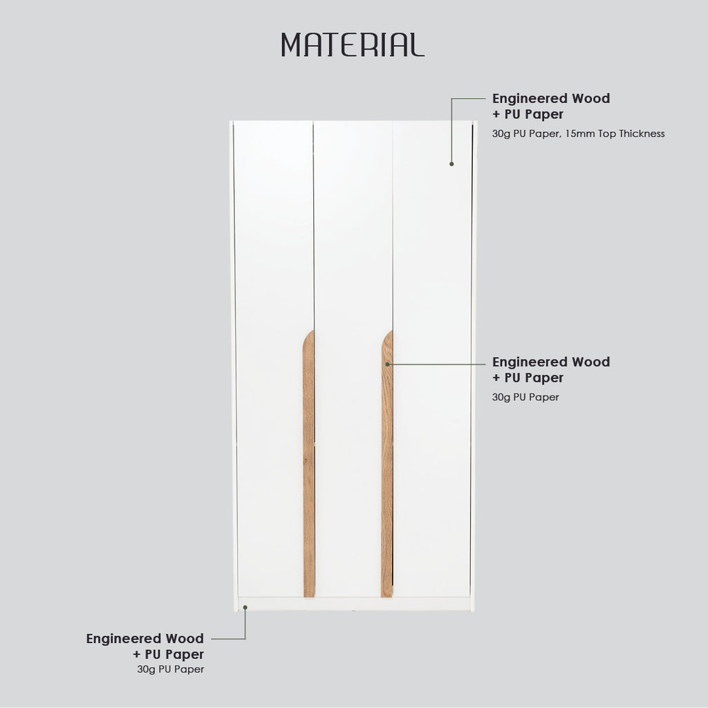 Mando 2 door wardrobe in White colour body, Oak colour handle (MB Paper)