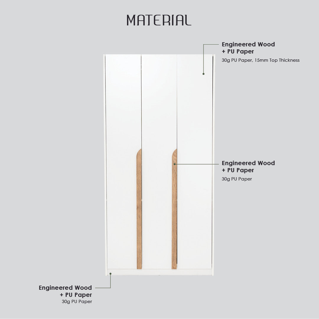 Mando 2 door wardrobe in White colour body, Oak colour handle (MB Paper)