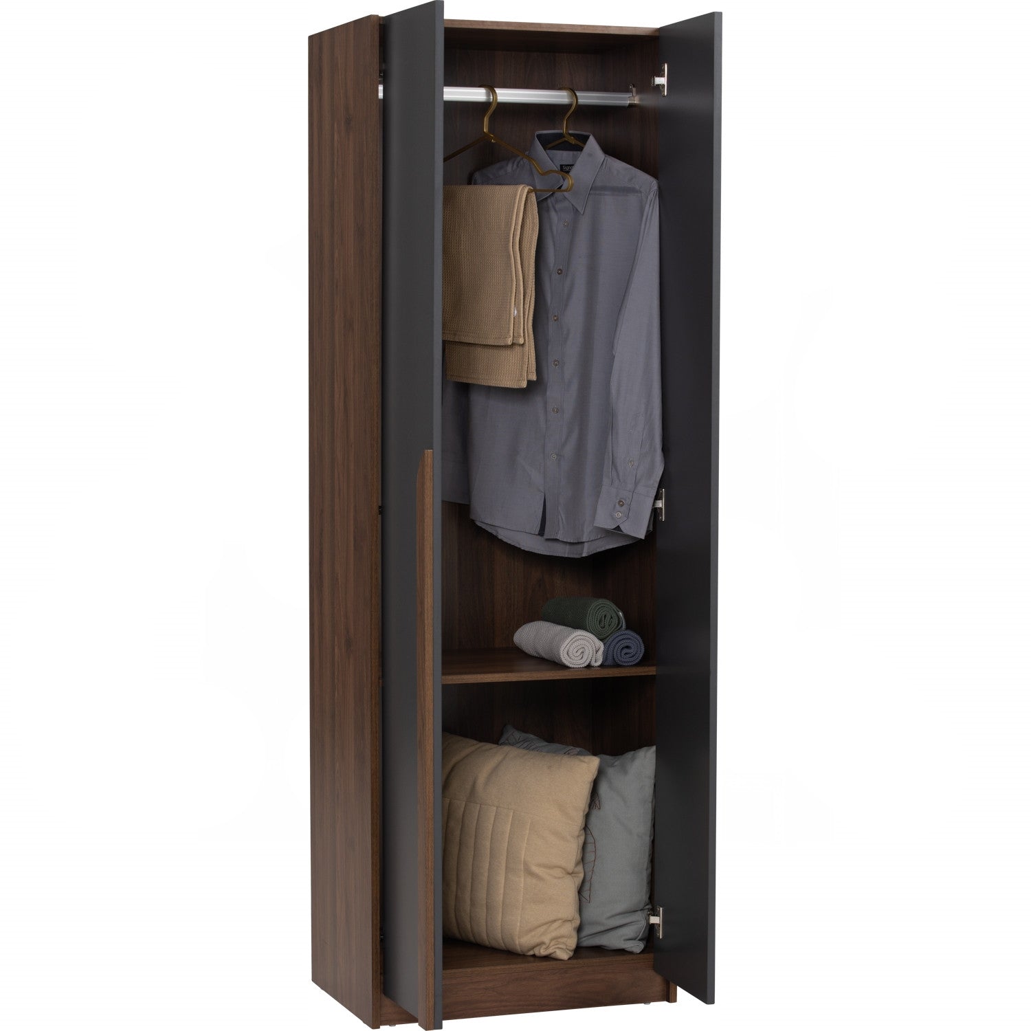 Mando 2 door wardrobe in Walnut colour body and handle, Black colour door.
