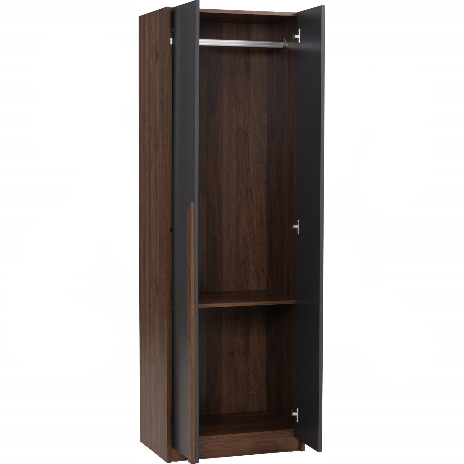 Mando 2 door wardrobe in Walnut colour body and handle, Black colour door.