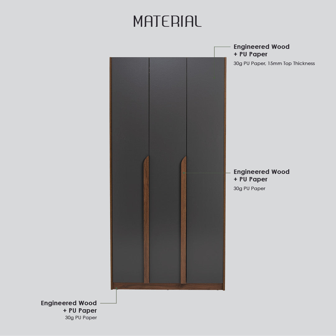 Mando 3 door wardrobe in Walnut colour body and handle, Black colour door.
