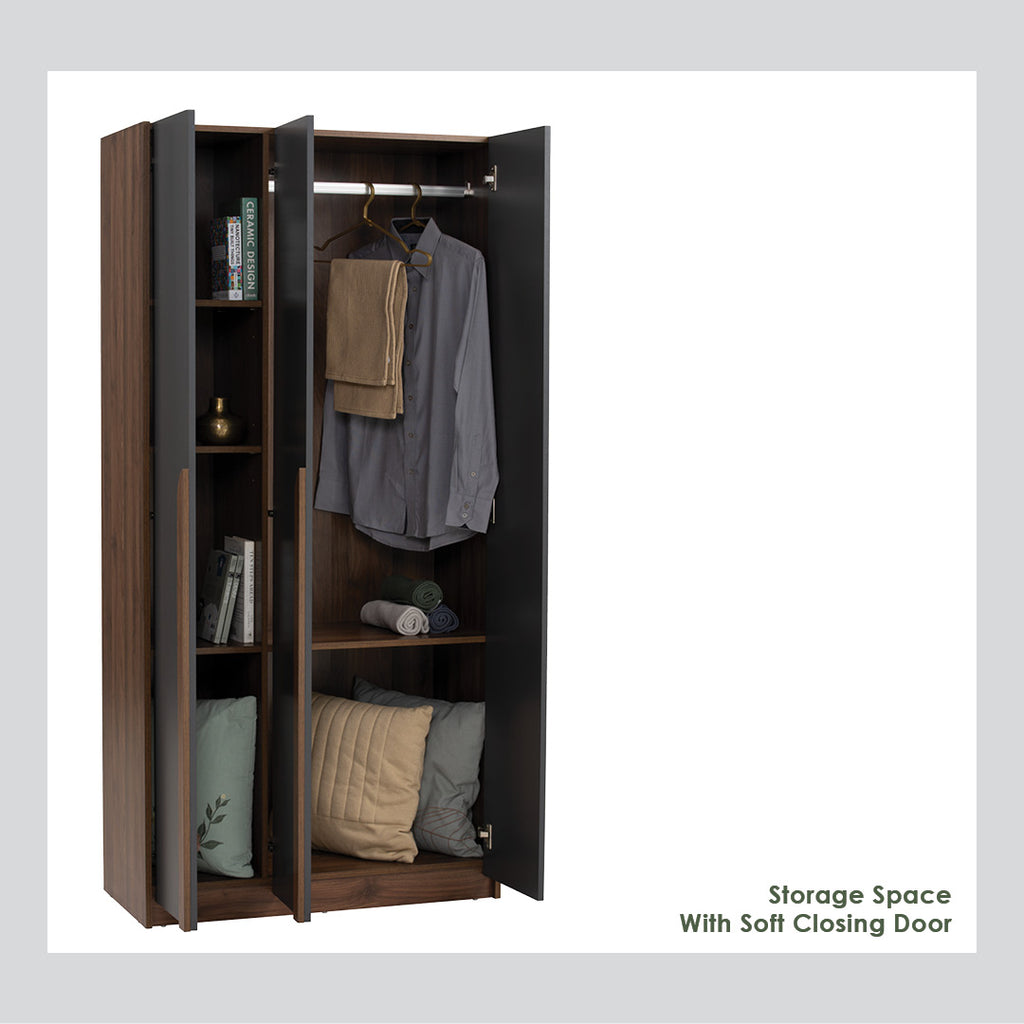 Mando 3 door wardrobe in Walnut colour body and handle, Black colour door.