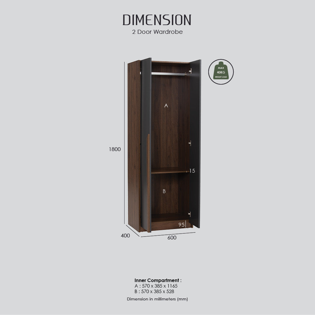 Mando 3 door wardrobe in Walnut colour body and handle, Black colour door.