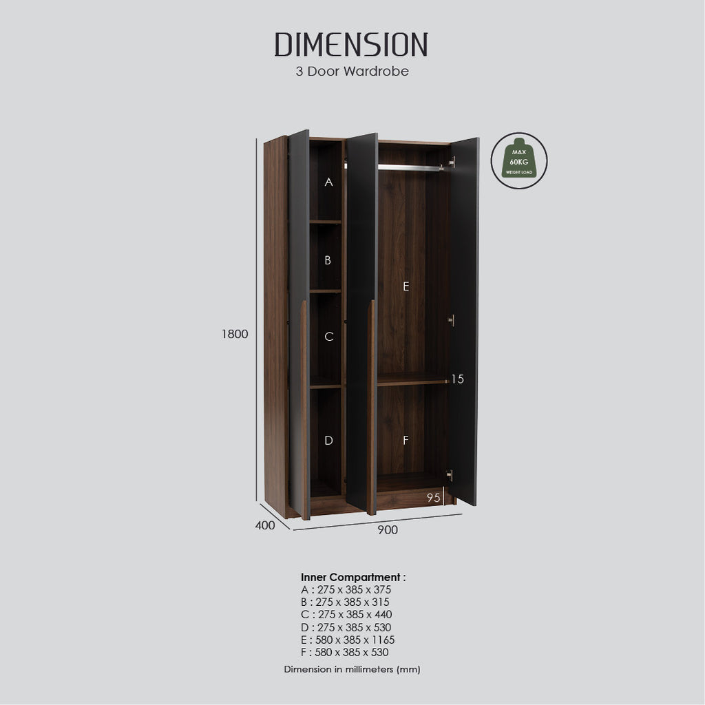 Mando 3 door wardrobe in Walnut colour body and handle, Black colour door.