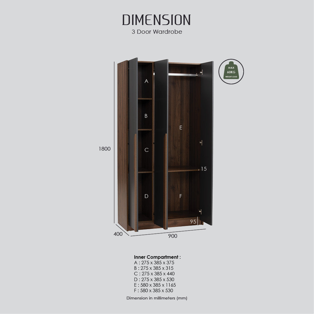 Mando 3 door wardrobe in Walnut colour body and handle, Black colour door.