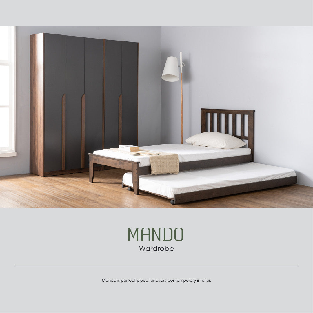 Mando 3 door wardrobe in Walnut colour body and handle, Black colour door.
