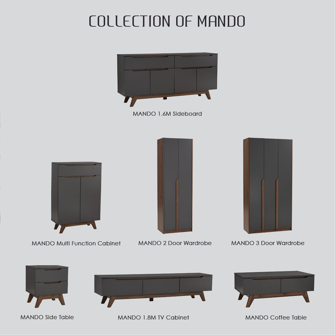 Mando 3 door wardrobe in Walnut colour body and handle, Black colour door.