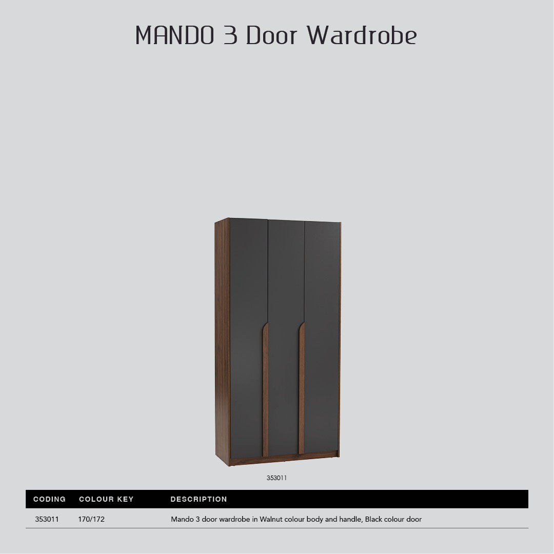 Mando 3 door wardrobe in Walnut colour body and handle, Black colour door.