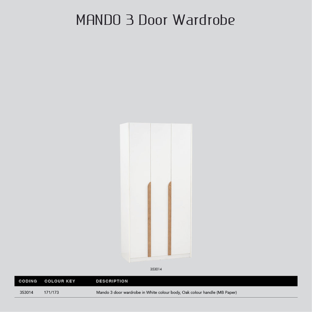Mando 3 door wardrobe in White colour body, Oak colour handle (MB Paper)
