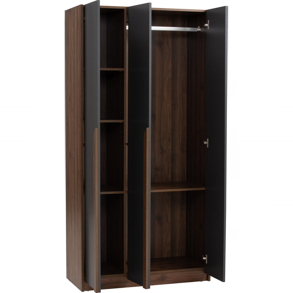 Mando 3 door wardrobe in Walnut colour body and handle, Black colour door.