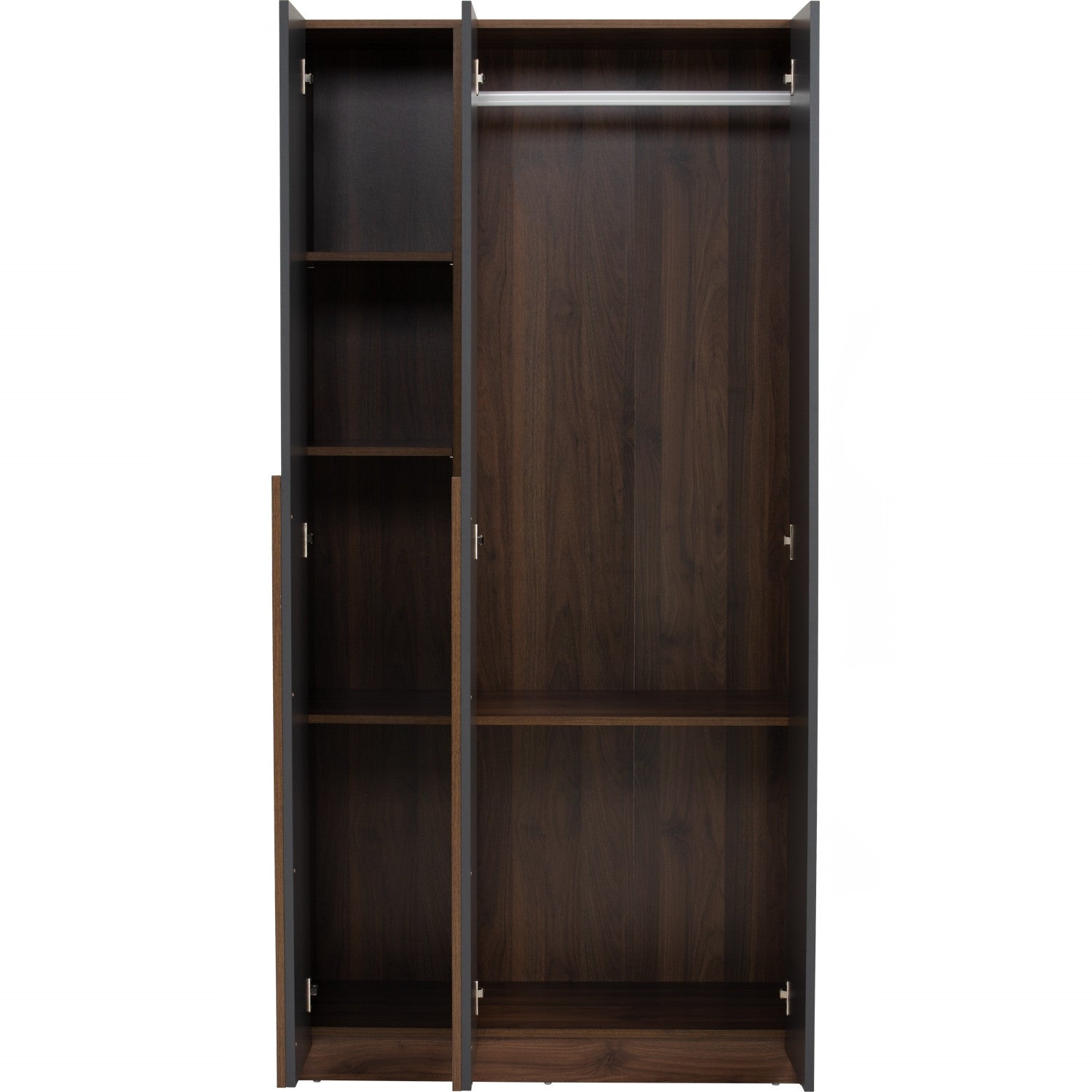 Mando 3 door wardrobe in Walnut colour body and handle, Black colour door.