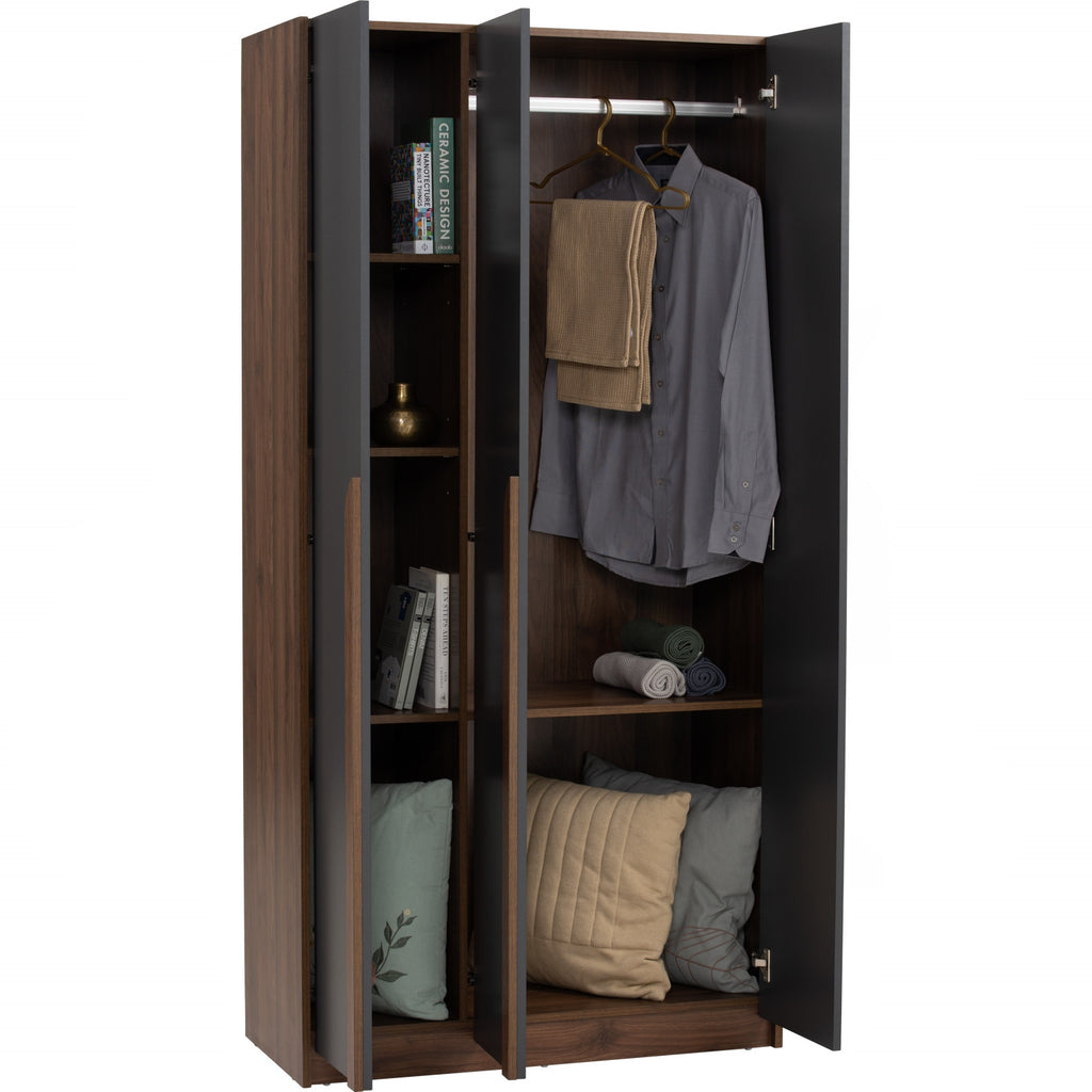 Mando 3 door wardrobe in Walnut colour body and handle, Black colour door.