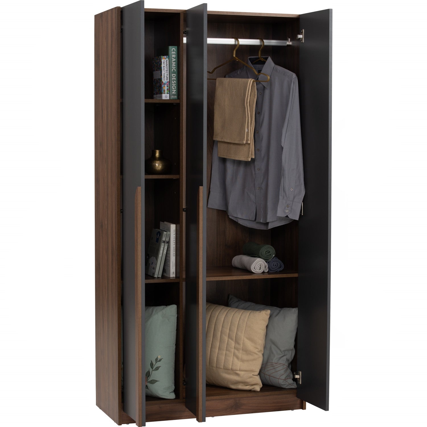 Mando 3 door wardrobe in Walnut colour body and handle, Black colour door.