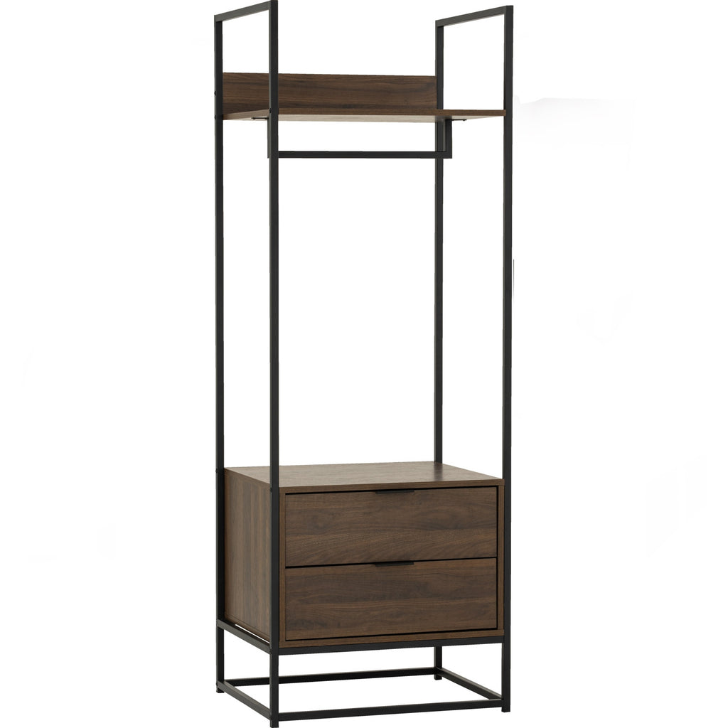 Capri open shelf wardrobe with 2 drawer in Matt Black Epoxy colour leg, Walnut colour shelf.