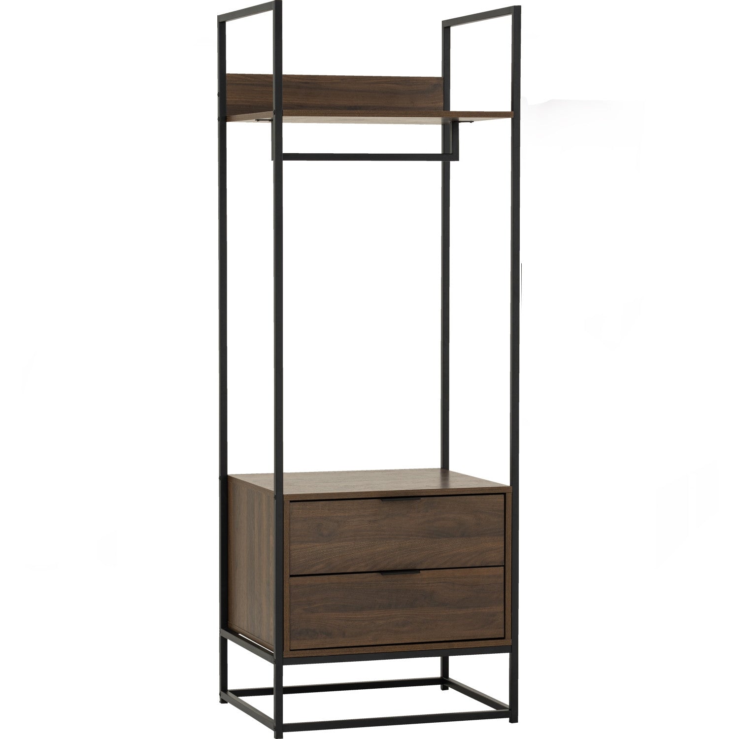 Capri open shelf wardrobe with 2 drawer in Matt Black Epoxy colour leg, Walnut colour shelf.