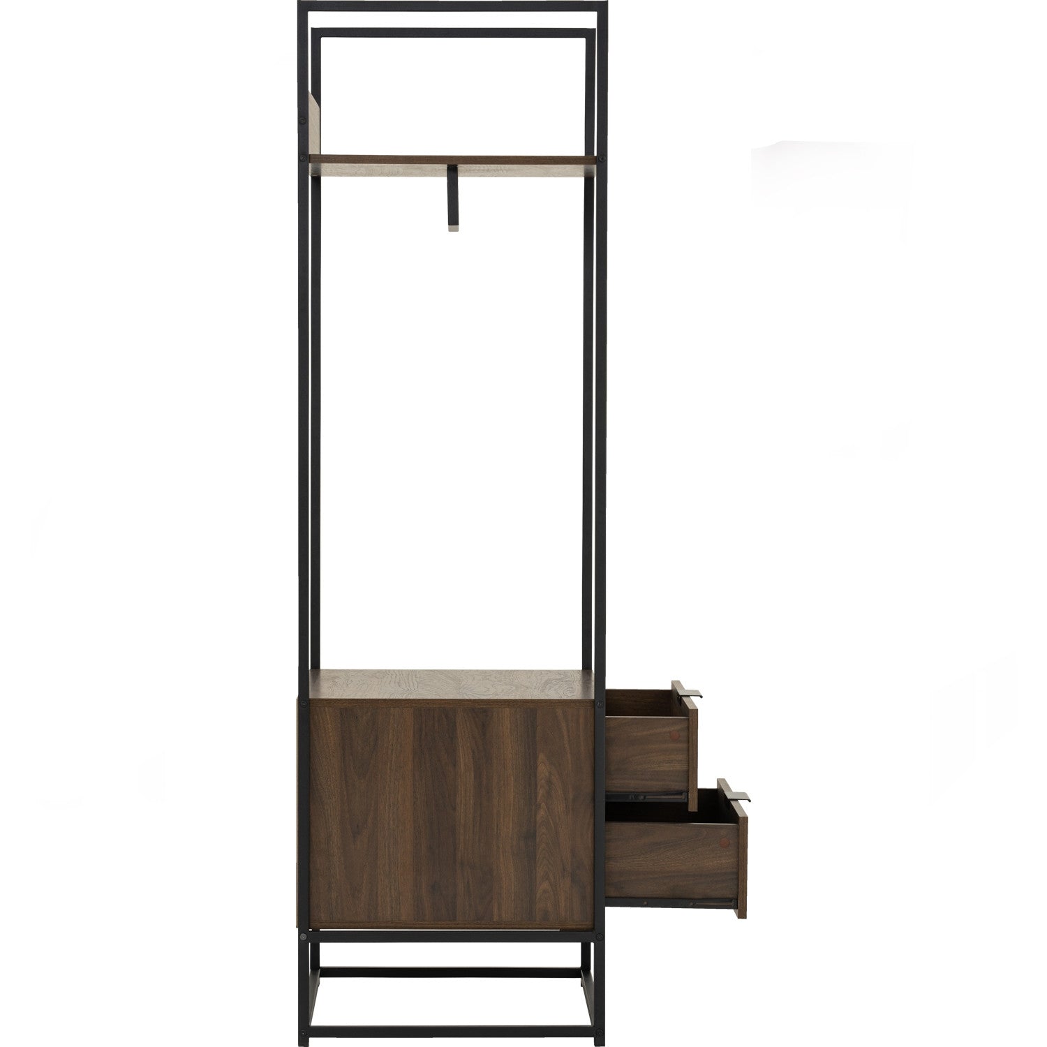 Capri open shelf wardrobe with 2 drawer in Matt Black Epoxy colour leg, Walnut colour shelf.