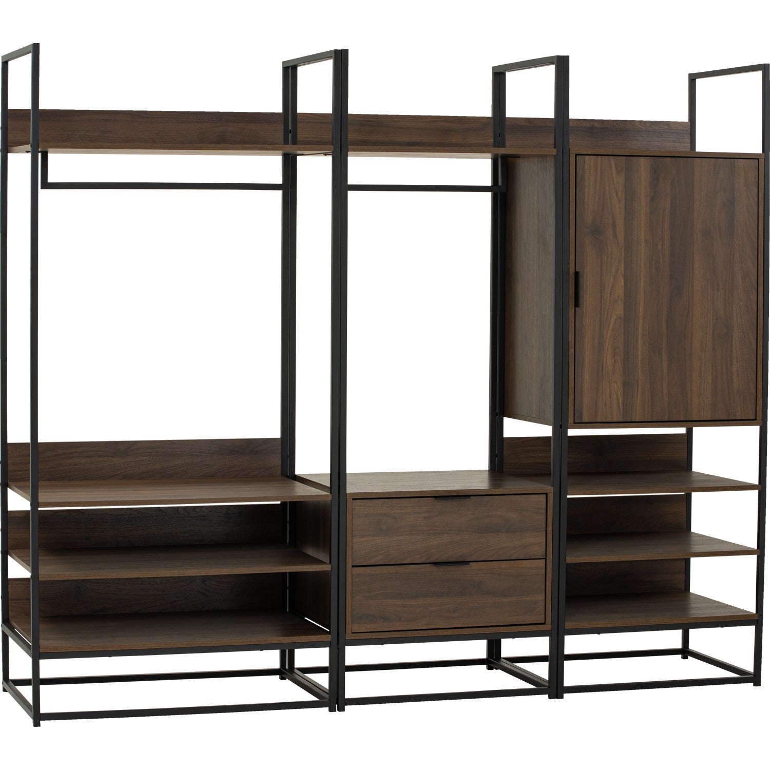 Capri open shelf wardrobe with 2 drawer in Matt Black Epoxy colour leg, Walnut colour shelf.